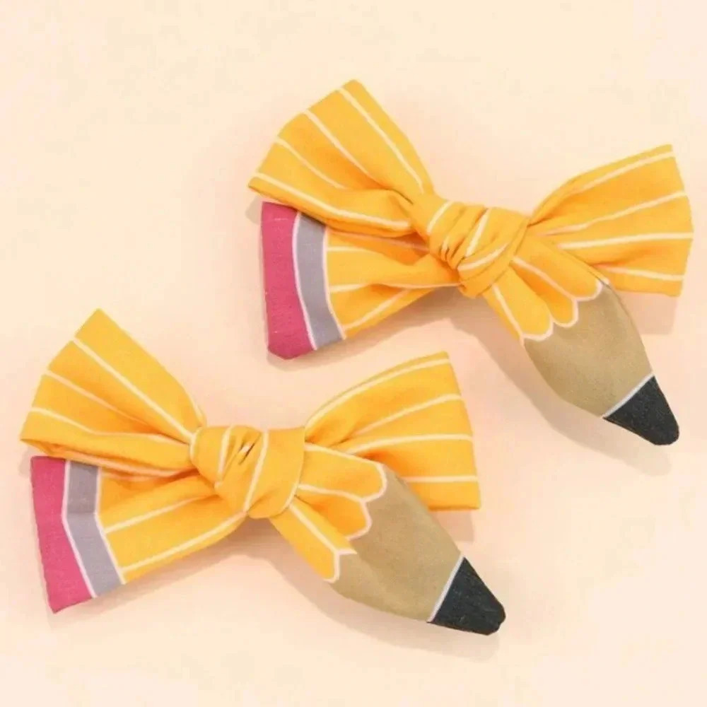 Yellow pink and white pencil ribbon bow barrettes back to school ponytail holder